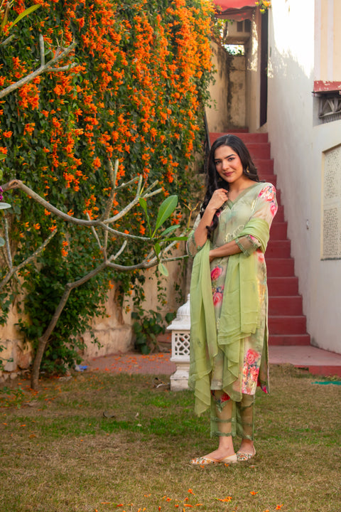 Green Printed Suit Set With Machine Work on Dupatta